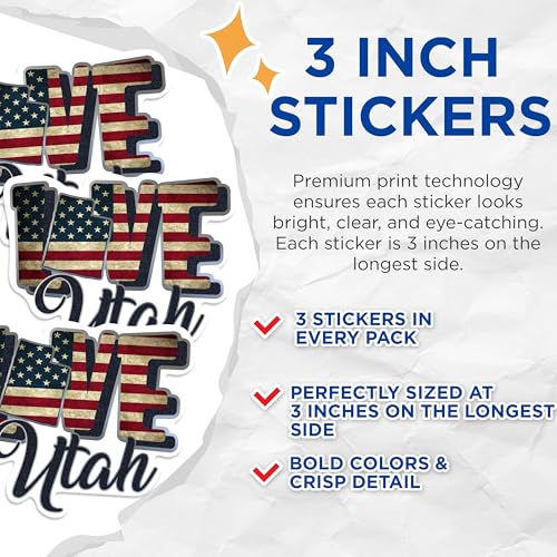 (3 Pack) Utah Decals - American Flag - State Pride Souvenir - 3 Inches On Longest Side - Easy Peel & Apply - Made in USA - 3MCS0335