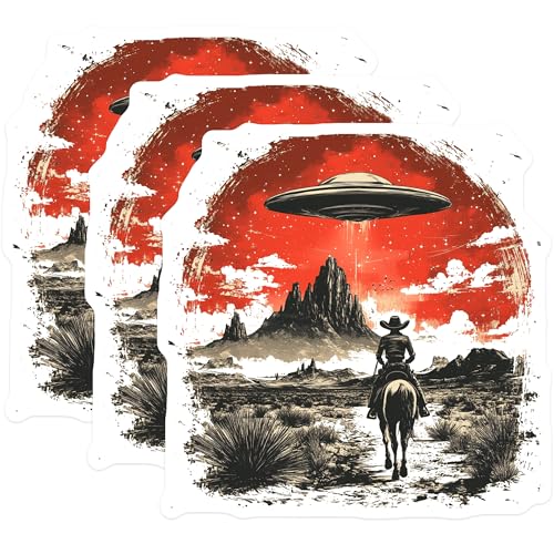 (3 Pack) Alien Cowboy Decals - Western UFO - Desert Abduction - 3 Inches On Longest Side - Easy Peel & Apply - Made in USA - 3MCS8707