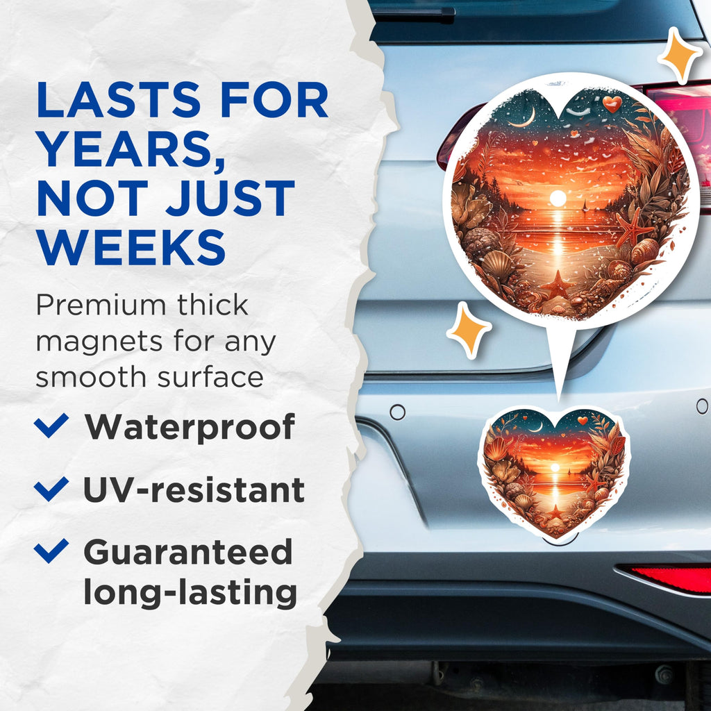 (2 Pack) Sunset Heart Magnets - Beach Theme Magnet - Ocean Love Home Decor - 5" On Longest Side - Premium Magnet - for Cars, Refrigerators, Toolboxes, Lockers - Made in USA - MAG14581