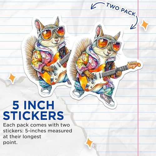 (2 Pack) Cool Squirrel Playing Guitar Stickers - Guitar Animal Art - Rock Squirrel Decal - 5" On Longest Side - Sticks to Smooth Flat Surfaces - Made in USA - BMCS9518