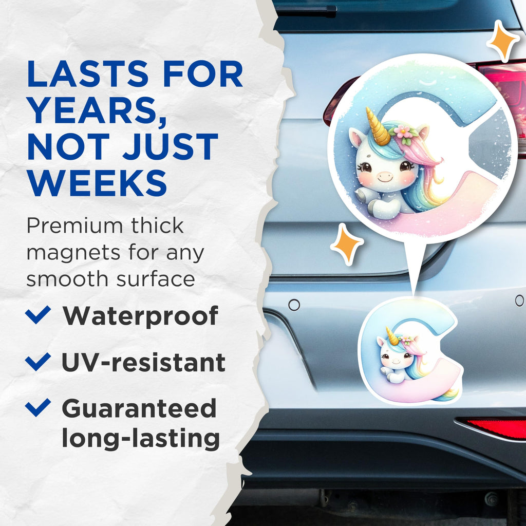 (2 Pack) Unicorn Letter C Magnets - Alphabet Initial - Cute Fridge Decor - 5" On Longest Side - Premium Magnet - for Cars, Refrigerators, Toolboxes, Lockers - Made in USA - MAG15696