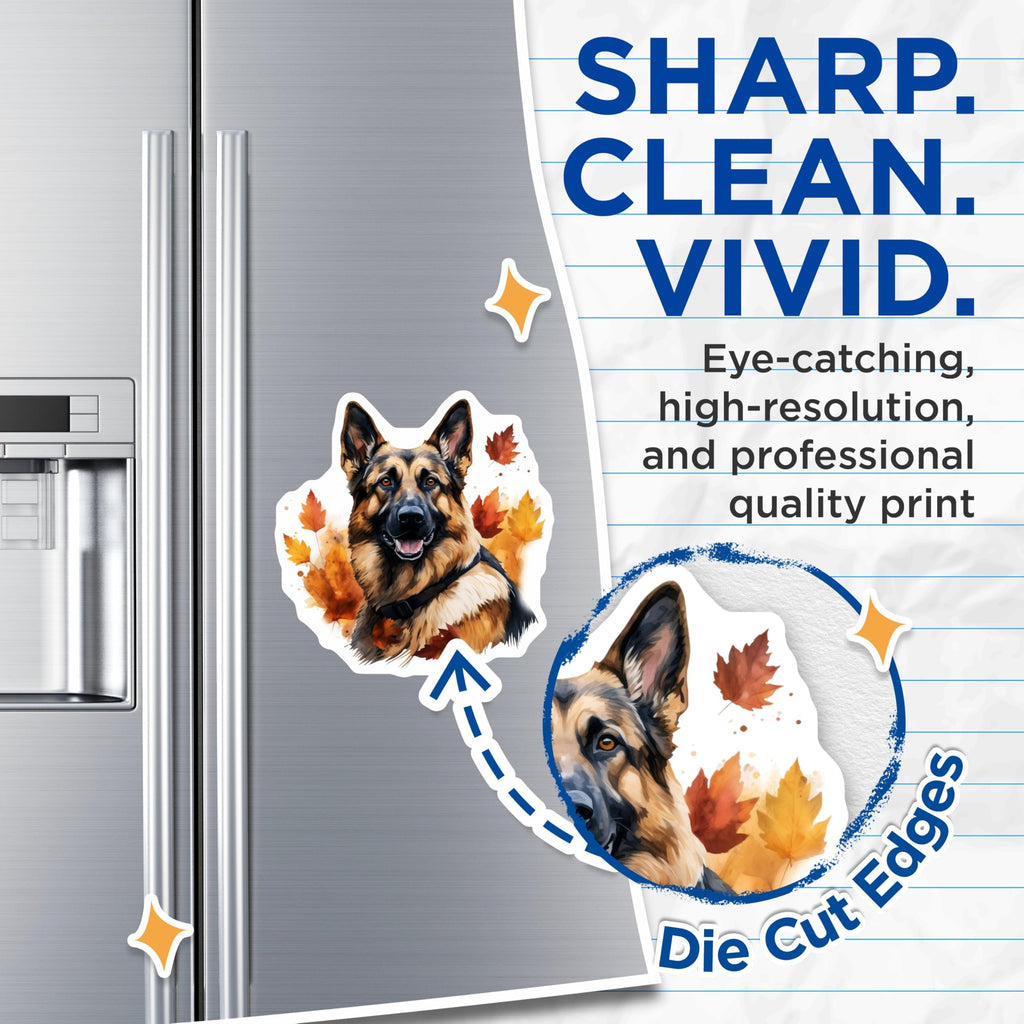 (2 Pack) German Shepherd Magnets - Autumn Dog Lover Decor - Fall Foliage Pet Art - 5 Inches On Longest Side - Thick Durable Magnet - Made in USA - MAG29790