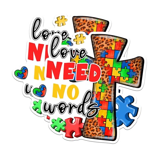 (2 Pack) Autism Awareness Stickers - Love Need No Words Stickers - Puzzle Pieces Cross Sticker - 5" On Longest Side - Sticks to Any Smooth Flat Surface - Made in USA - BMCS2980