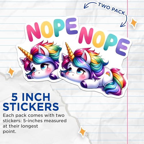 (2 Pack) Nope Unicorn Stickers - Cute Rainbow Unicorn - Whimsical Fantasy Art - 5" On Longest Side - Sticks to Smooth Flat Surfaces - Made in USA - BMCS7972