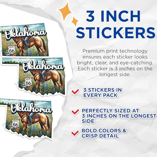 (3 Pack) Oklahoma Decals - Cowboy Horse - Route 66 State Art - 3 Inches On Longest Side - Easy Peel & Apply - Made in USA - 3MCS0158