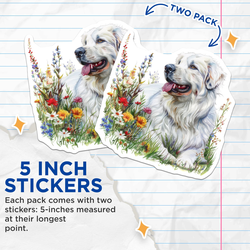 (2 Pack) White Dog and Wildflowers Stickers - Cute Dog Illustration - Flower Meadow Stickers - 5" On Longest Side - Sticks to Smooth Flat Surfaces - Made in USA - BMCS7124