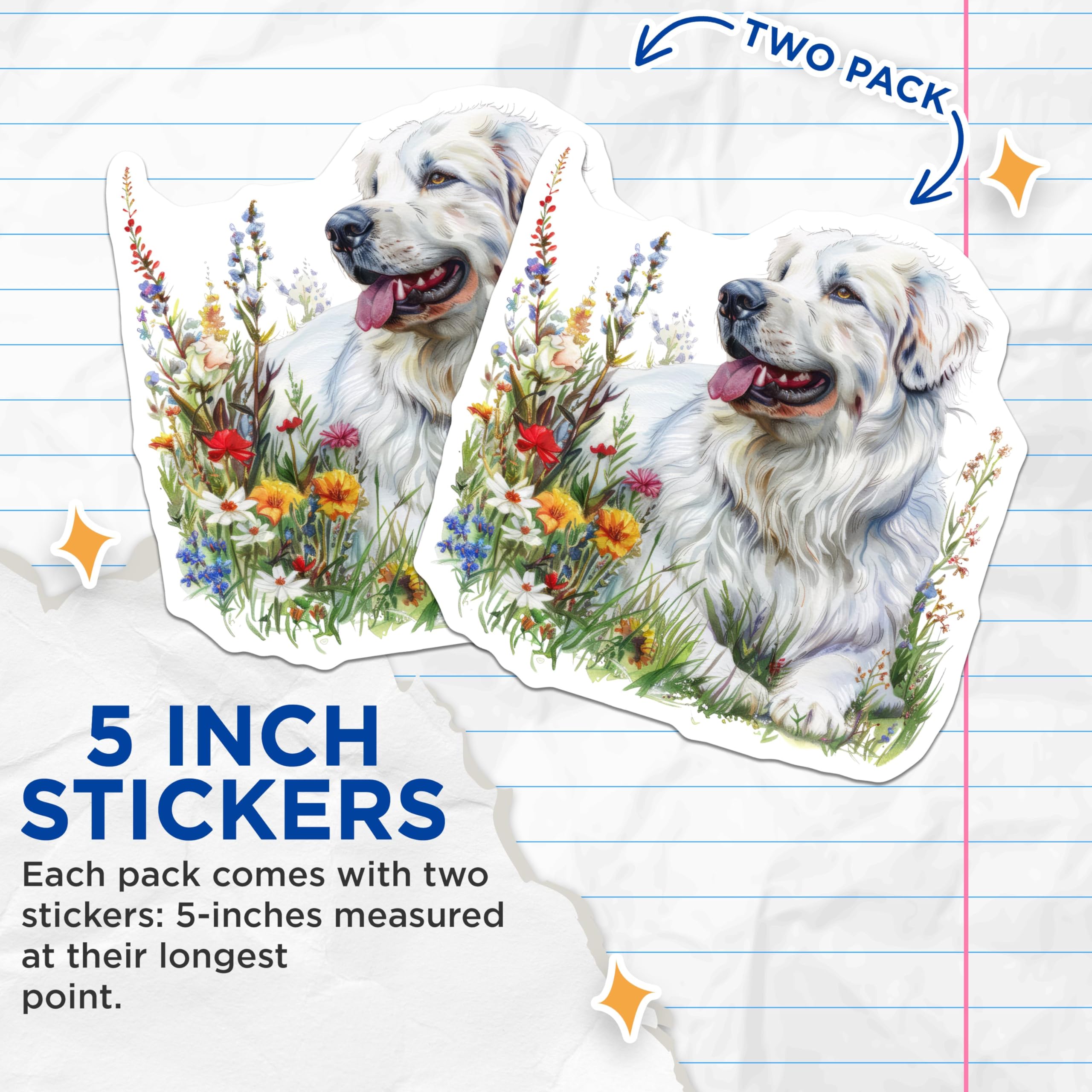 (2 Pack) White Dog and Wildflowers Stickers - Cute Dog Illustration - Flower Meadow Stickers - 5" On Longest Side - Sticks to Smooth Flat Surfaces - Made in USA - BMCS7124