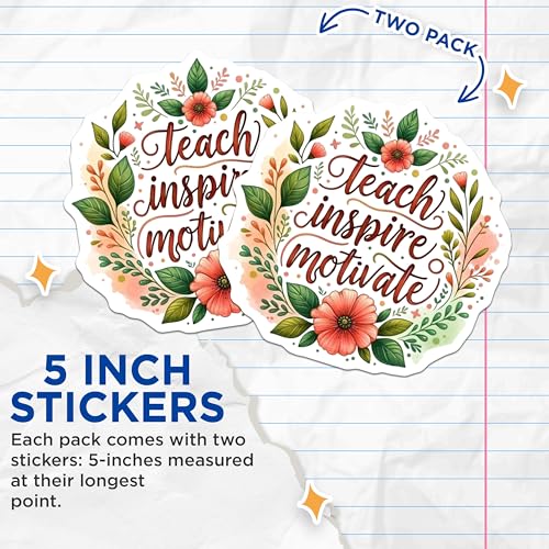 (2 Pack) Teach Inspire Motivate Stickers - Inspirational Quote Stickers - Motivational Floral Stickers for Teachers - 5" On Longest Side - Sticks to Smooth Flat Surfaces - Made in USA - BMCS4421