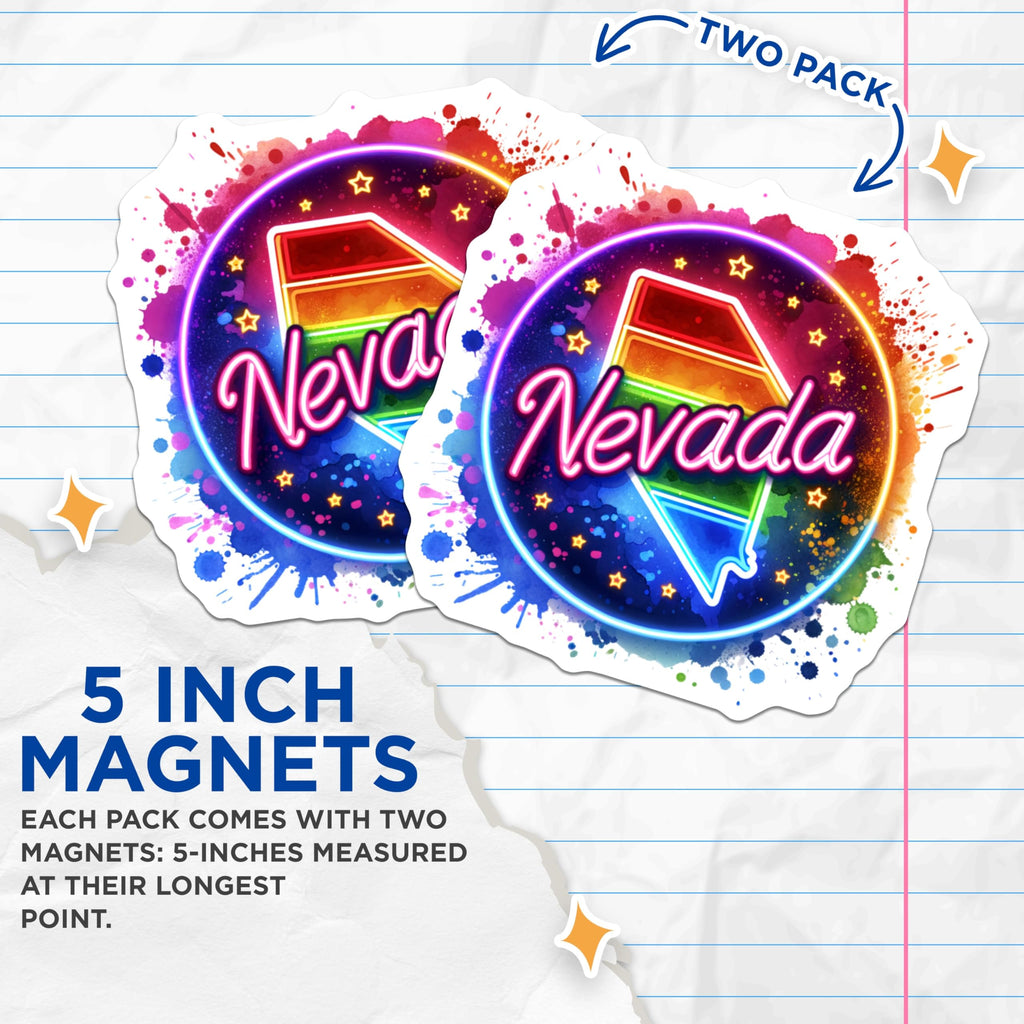 (2 Pack) Nevada State Magnets - Rainbow Neon Design - Vibrant Watercolor Art - 5 Inches On Longest Side - Thick Durable Magnet - Made in USA - MAG21276