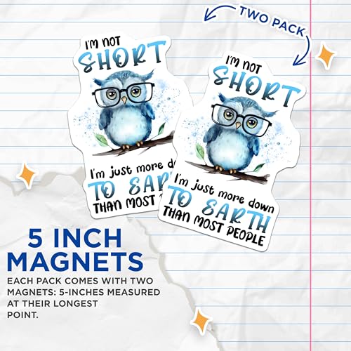 (2 Pack) Cute Owl Magnets - I'm Not Short - I'm Just More Down to Earth - Cute Animal Humor - Decorative Fridge - 5" On Longest Side - for Cars, Fridges, Toolboxes - Made in USA