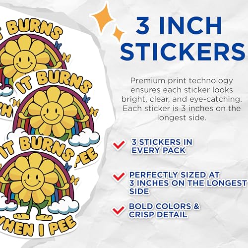 (3 Pack) It Burns When I Pee Decals - Funny Flower - Rainbow Laptop Decals - 3 Inches On Longest Side - Easy Peel & Apply - Made in USA - 3MCS0950