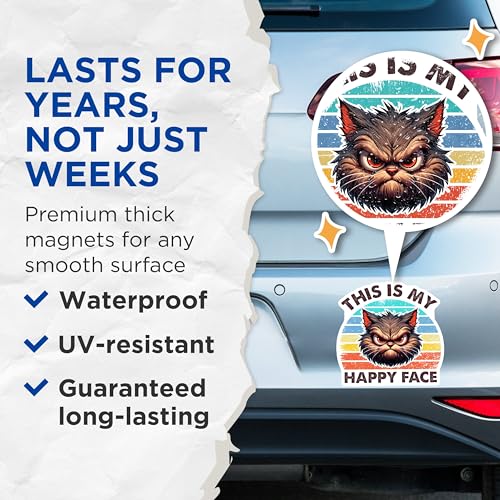 (2 Pack) Funny Cat Magnets - This is My Happy Face - 5" On Longest Side - for Cars, Fridges, Toolboxes - Made in USA - MAG7343
