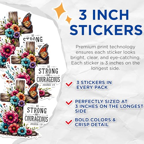 (3 Pack) Christian Decals - Cross with Flowers - Be Strong and Courageous Decals - 3 Inches On Longest Side - Easy Peel & Apply - Made in USA - 3MCS1636