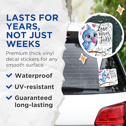 (2 Packs) Love Never Fails Stickers - 1 Corinthians 13:8 Christian Positive Decals - 5 Inches On Longest Side - Premium Vinyl Decal - Sticks to Any Smooth Flat Surface - Made in USA - BMCS2307