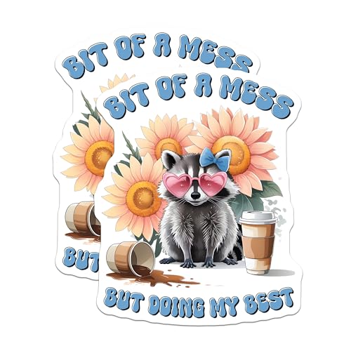 (2 Pack) Bit of A Mess Stickers - Raccoon Sticker - Sunflower Sticker - Coffee Cup Sticker - 5" On Longest Side - Sticks to Smooth Flat Surfaces - Made in USA - BMCS9709