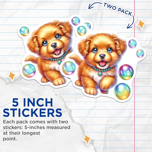 (2 Pack) Cute Puppy Stickers - Adorable Dog Stickers - Animal Lover Sticker Pack - 5" On Longest Side - Sticks to Smooth Flat Surfaces - Made in USA - BMCS9610