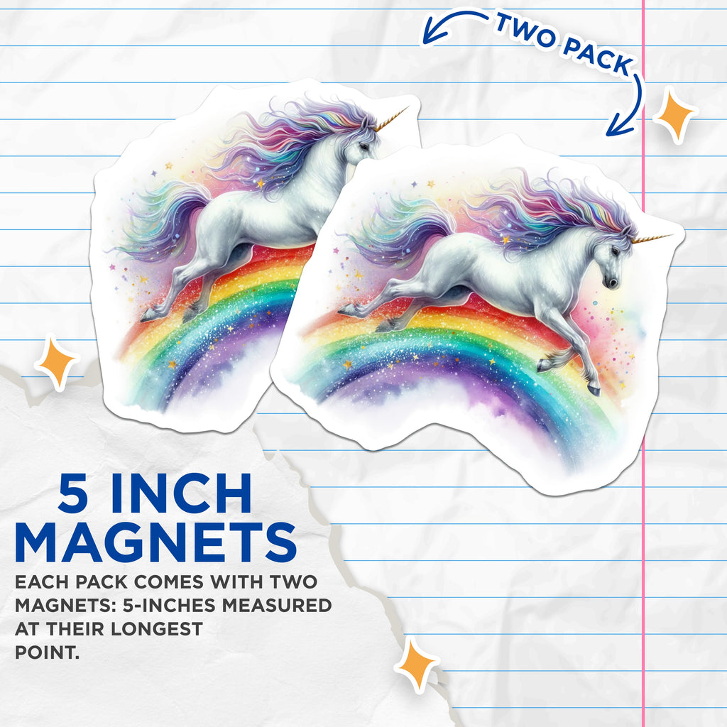 (2 Pack) Rainbow Unicorn Magnets - Magical Fantasy Creature - Kids Room Locker Decor - 5 Inches On Longest Side - Thick Durable Magnet - Made in USA - MAG39497