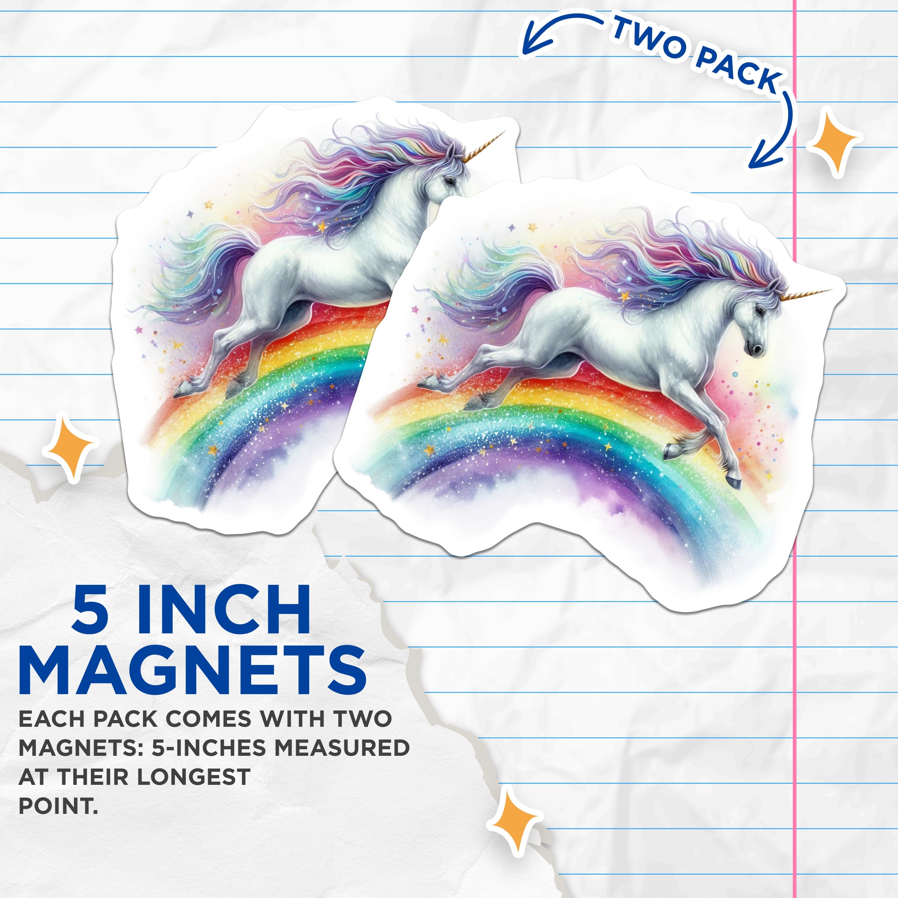(2 Pack) Rainbow Unicorn Magnets - Magical Fantasy Creature - Kids Room Locker Decor - 5 Inches On Longest Side - Thick Durable Magnet - Made in USA - MAG39497