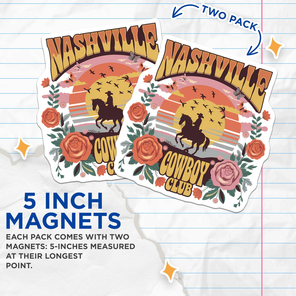 (2 Pack) Nashville Cowboy Club Magnets - Western Retro Boho Art - Horse Rider Sunset Floral Decor - 5 Inches On Longest Side - Thick Durable Magnet - Made in USA - MAG21651