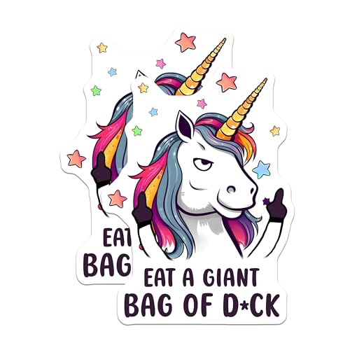(2 Pack) Eat A Giant Bag of Dck Stickers - Unicorn Attitude - Funny Unicorn - 5" On Longest Side - Sticks to Smooth Flat Surfaces - Made in USA - BMCS7800