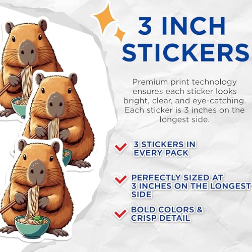 (3 Pack) Capybara Ramen Decals - Laptop Stickers - Cute Animal Decals - 3 Inches On Longest Side - Easy Peel & Apply - Made in USA - 3MCS8668