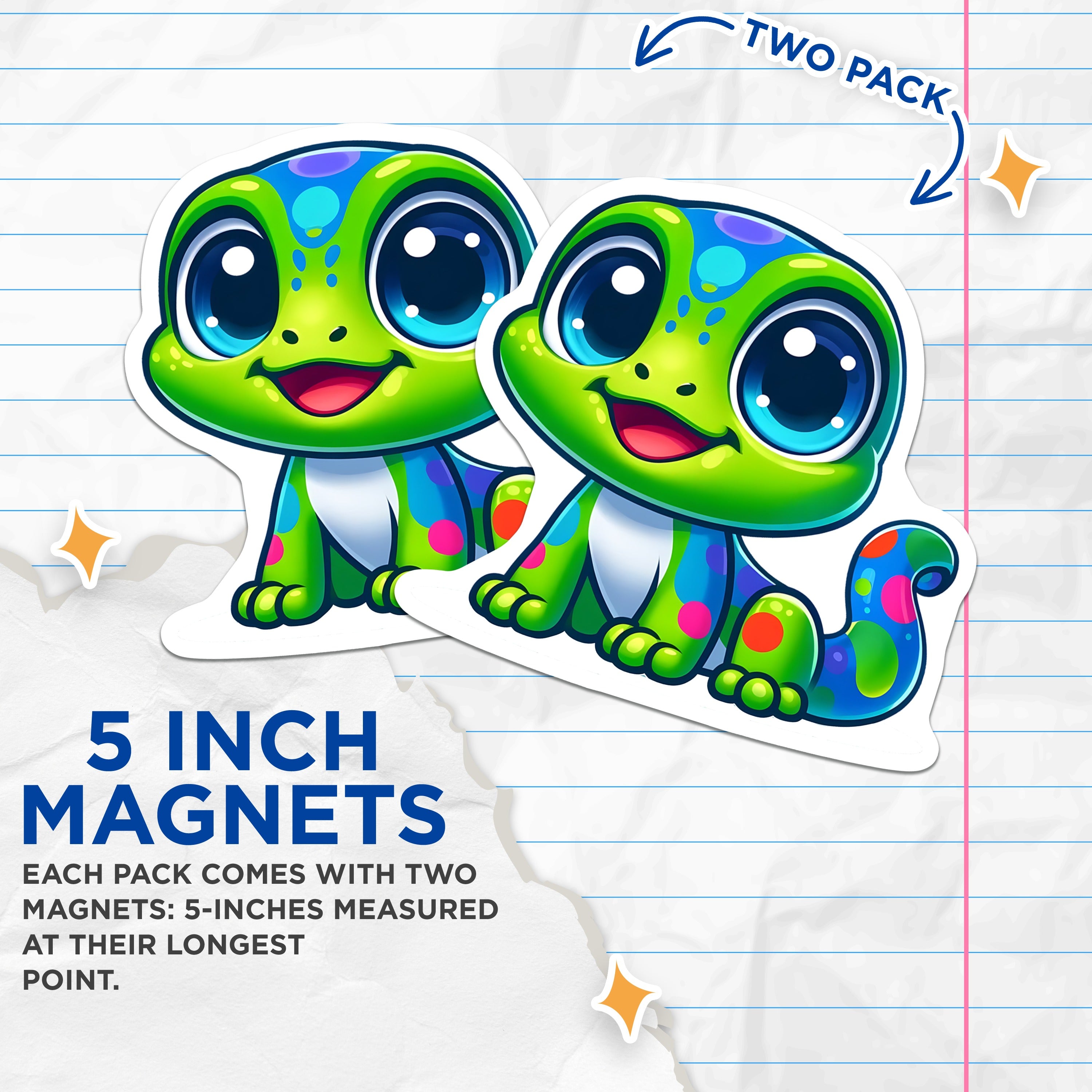 (2 Pack) Kawaii Gecko Magnets - Cute Spotted Lizard - Vibrant Reptile Decor - Happy Animal Fridge Locker Magnet - 5 Inches On Longest Side - Thick Durable Magnet - Made in USA - MAG38225
