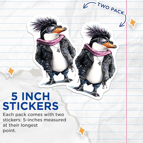 (2 Pack) Punk Penguin Stickers - Cool Animal Stickers - Trendy Rocker Stickers - 5" On Longest Side - Sticks to Smooth Flat Surfaces - Made in USA - BMCS9493