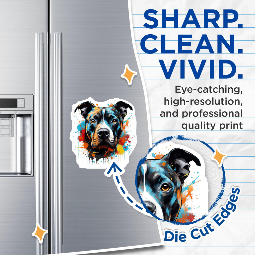 (2 Pack) Artistic Pitbull Dog Magnets - Vibrant Splatter Paint - Pet Lover Fridge Locker Decor - 5 Inches On Longest Side - Thick Durable Magnet - Made in USA - MAG25569