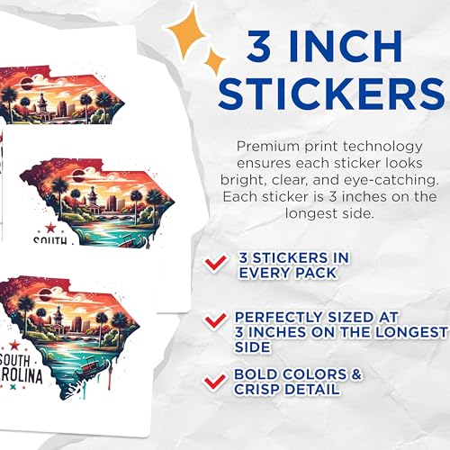(3 Pack) South Carolina Decals - State Pride Art - Laptop Decals - 3 Inches On Longest Side - Easy Peel & Apply - Made in USA - 3MCS4085