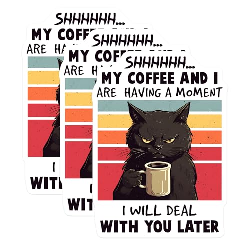 (3 Pack) Funny Cat Coffee Decals - Grumpy Cat - Coffee Lover - Laptop Decals - Sarcastic - 3 Inches On Longest Side - Easy Peel & Apply - Made in USA - 3MCS6593
