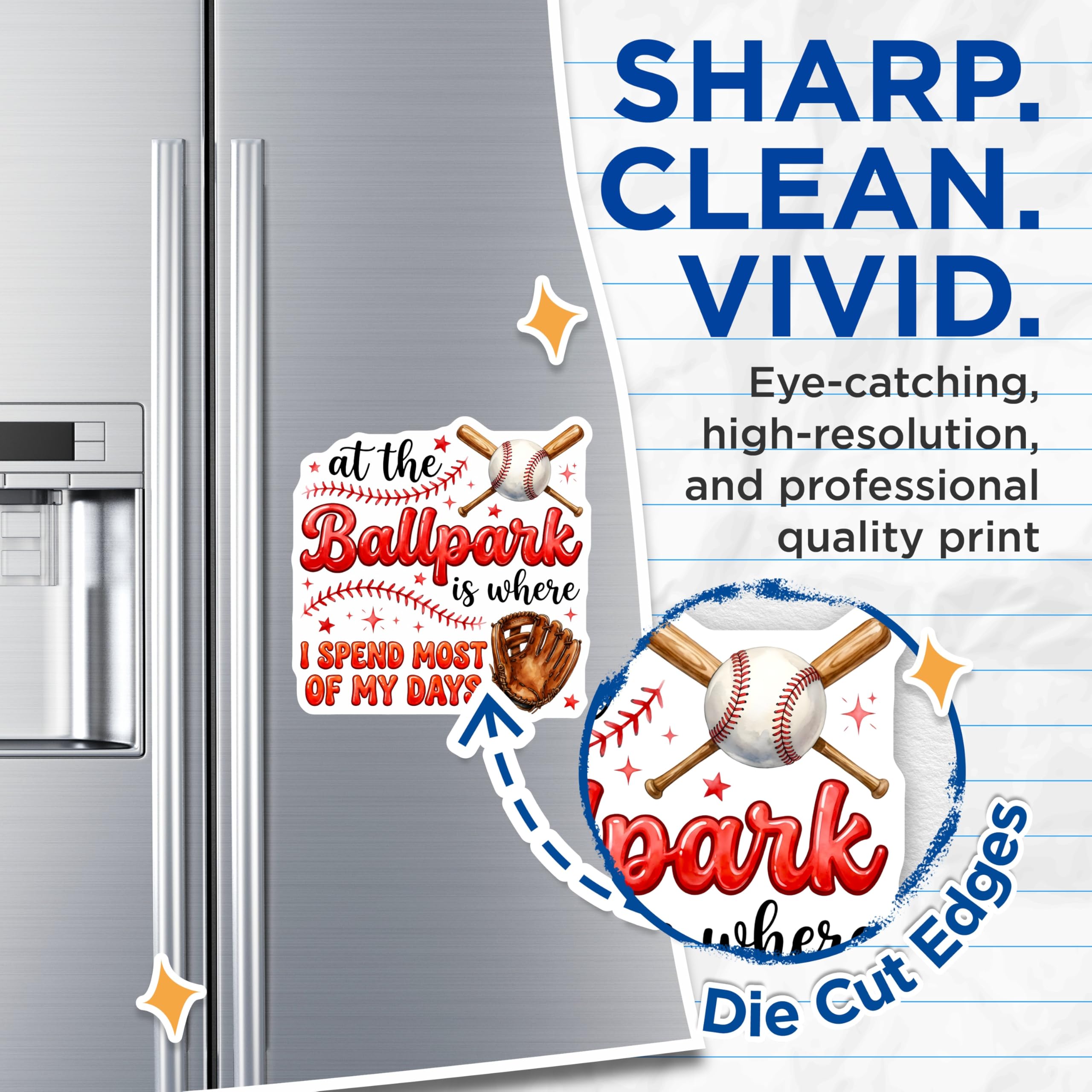 (2 Pack) Ballpark Baseball Magnets - Baseball Mom Dad Decor - Game Day Fridge Accessories - 5 Inches On Longest Side - Thick Durable Magnet - Made in USA - MAG27484