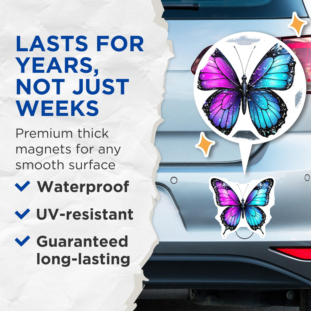 (2 Pack) Butterfly Magnets - Colorful Butterfly Art - Fridge Magnets - 5" On Longest Side - Premium Magnet - for Cars, Refrigerators, Toolboxes, Lockers - Made in USA - MAG14930