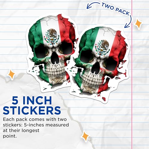 (2 Pack) Mexican Skull Stickers - Day of The Dead Stickers - Mexican Flag Skull Stickers - Dia de Los Muertos Stickers - 5" On Longest Side - Sticks to Smooth Flat Surfaces - Made in USA - BMCS5167