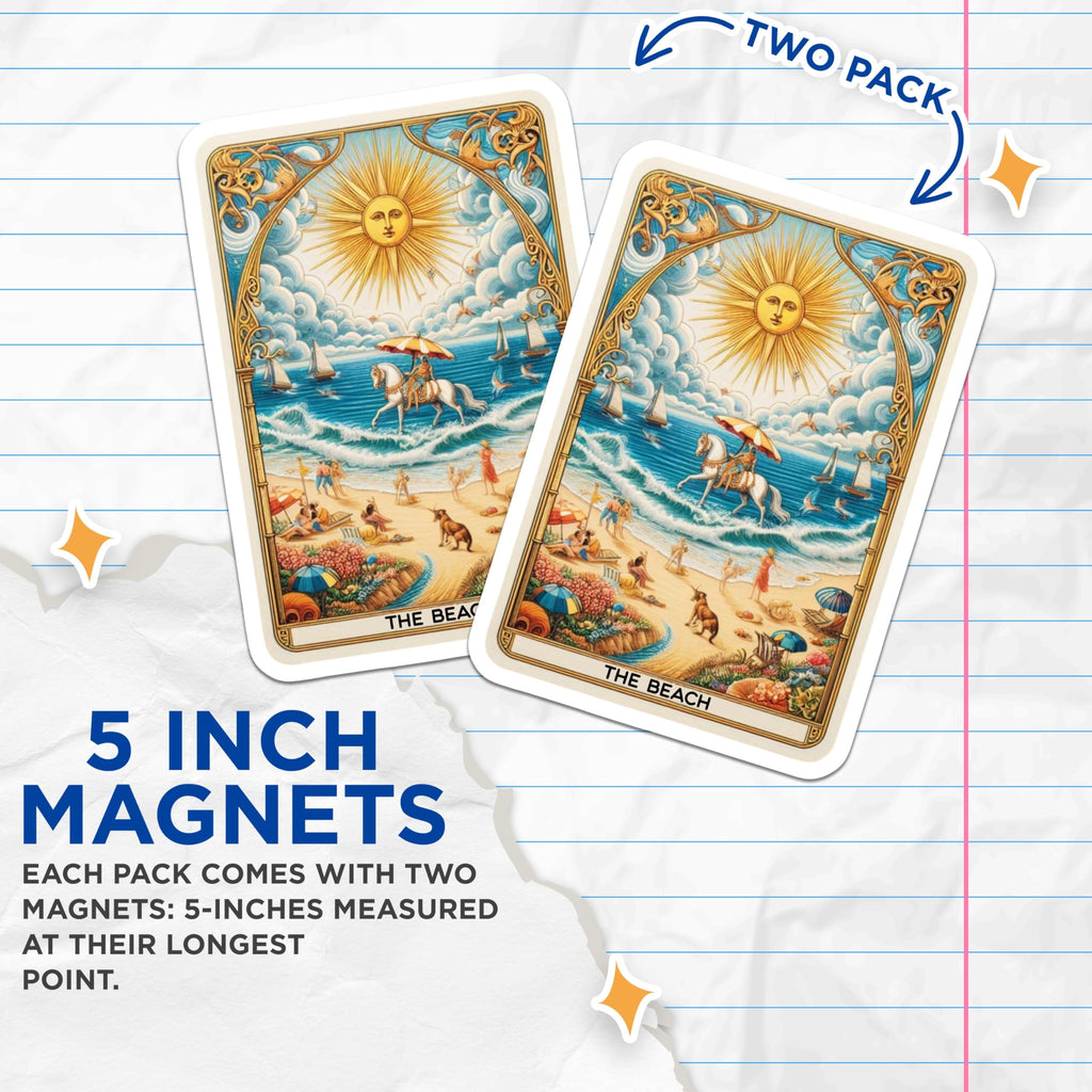 (2 Pack) Beach Tarot Card Magnets - Sun Ocean - Art Nouveau Inspired Decor - 5" On Longest Side - Premium Magnet - for Cars, Refrigerators, Toolboxes, Lockers - Made in USA - MAG16252
