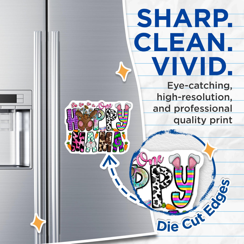 (2 Pack) One Happy Mama Easter Magnets - New Mom Spring Decor - Bunny Farmhouse Kitchen Refrigerator Art - 5 Inches On Longest Side - Thick Durable Magnet - Made in USA - MAG26481