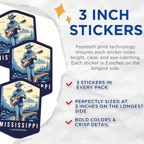 (3 Pack) Mississippi Decals - Blues Guitarist - Jackson Decal - 3 Inches On Longest Side - Easy Peel & Apply - Made in USA - 3MCS0365