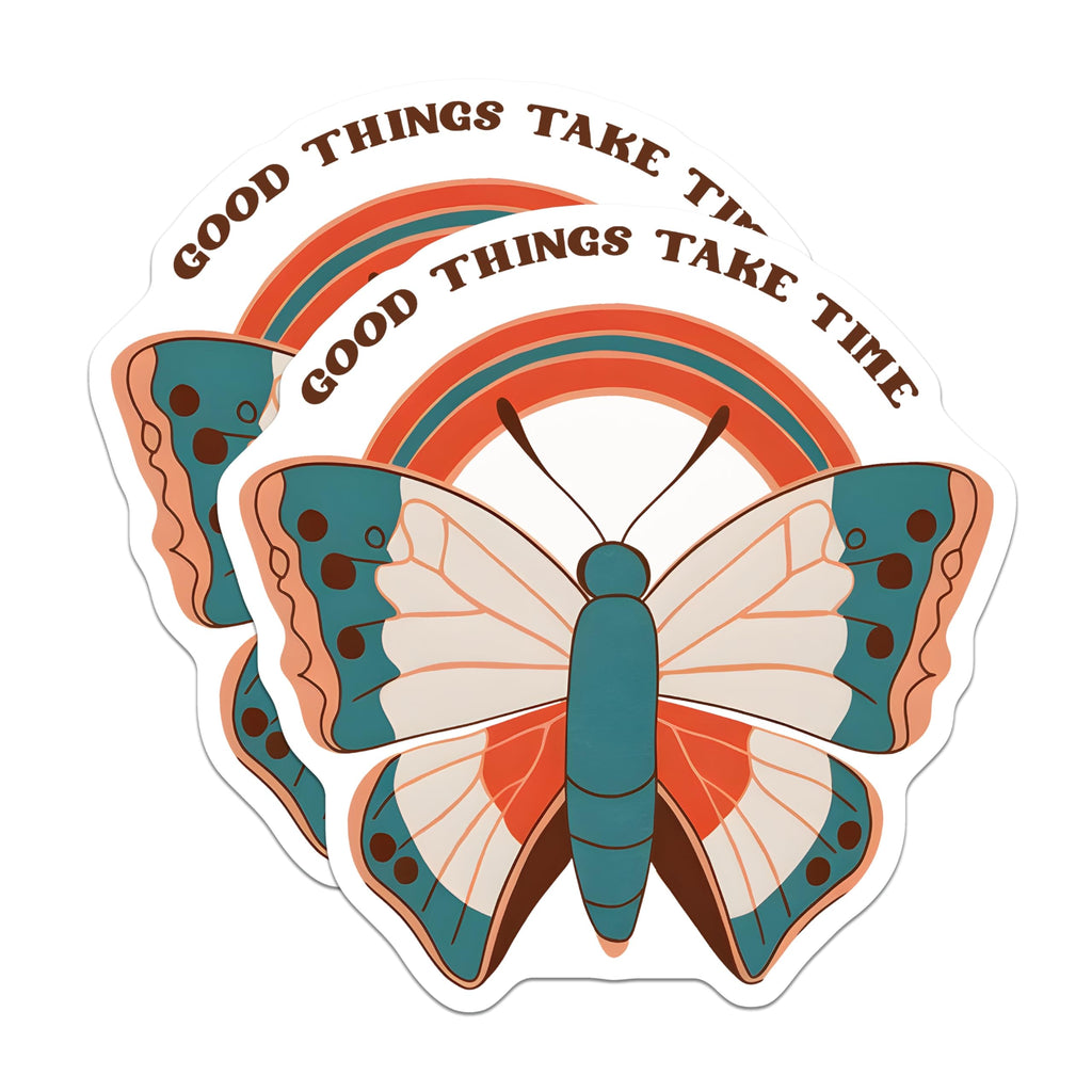 (2 Pack) Butterfly Magnets - Good Things Take Time Quote - Retro Rainbow Aesthetic - 5 Inches On Longest Side - Thick Durable Magnet - Made in USA - MAG19424