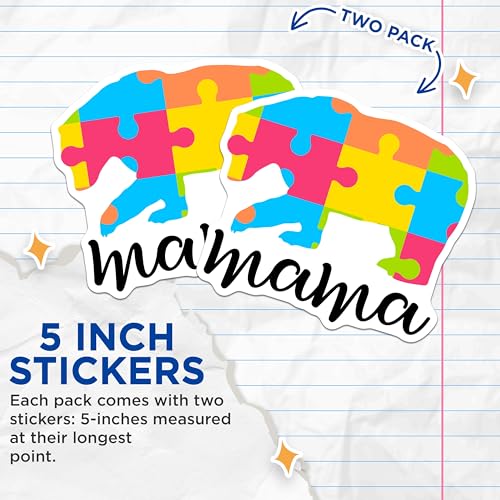 (2 Pack) Mama Bear Stickers - Puzzle Piece Bear - Autism Awareness Decal - 5" On Longest Side - Sticks to Smooth Flat Surfaces - Made in USA - BMCS4279