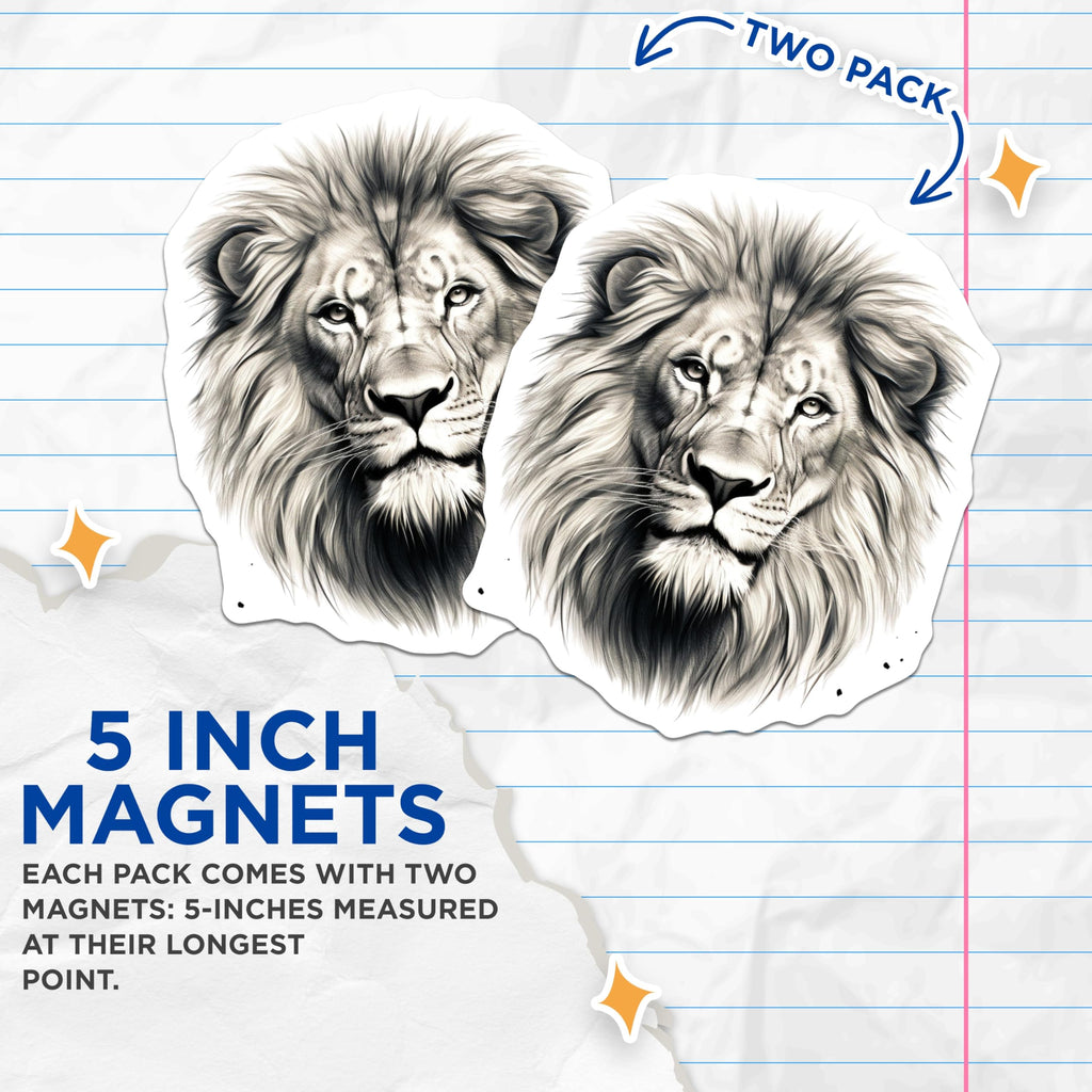 (2 Pack) Lion Face Magnets - Animal Art Decals - Decorative Fridge Magnets - 5" On Longest Side - Premium Magnet - for Cars, Refrigerators, Toolboxes, Lockers - Made in USA - MAG14858