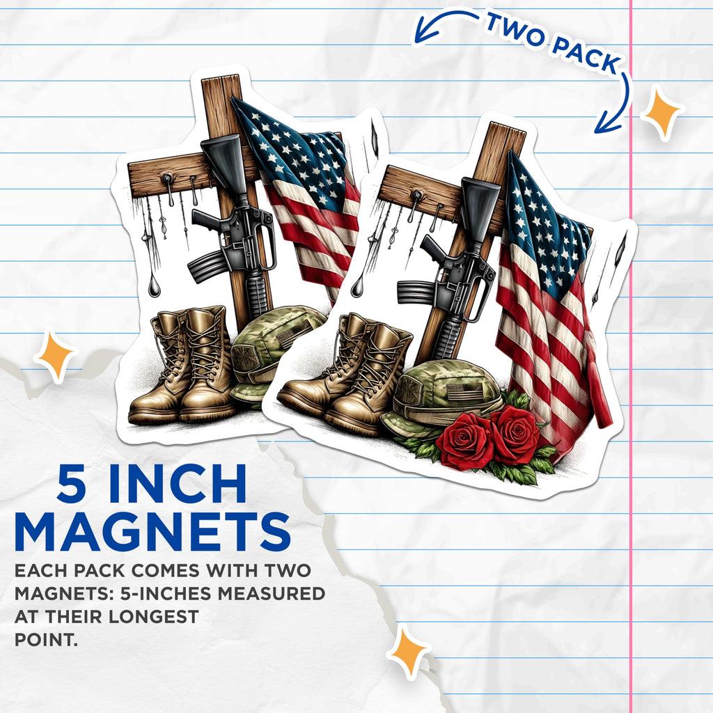 (2 Pack) Fallen Soldier Tribute Magnets - Memorial Day Artwork - Patriotic Home Decor - 5" On Longest Side - Premium Magnet - for Cars, Refrigerators, Toolboxes, Lockers - Made in USA - MAG15858
