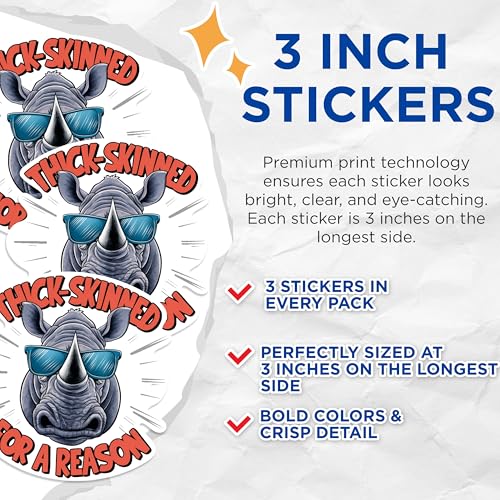 (3 Pack) Thick Skinned Rhino Decals - Funny Animal Sticker - Cool Rhino with Sunglasses Decal - 3 Inches On Longest Side - Easy Peel & Apply - Made in USA - 3MCS0904