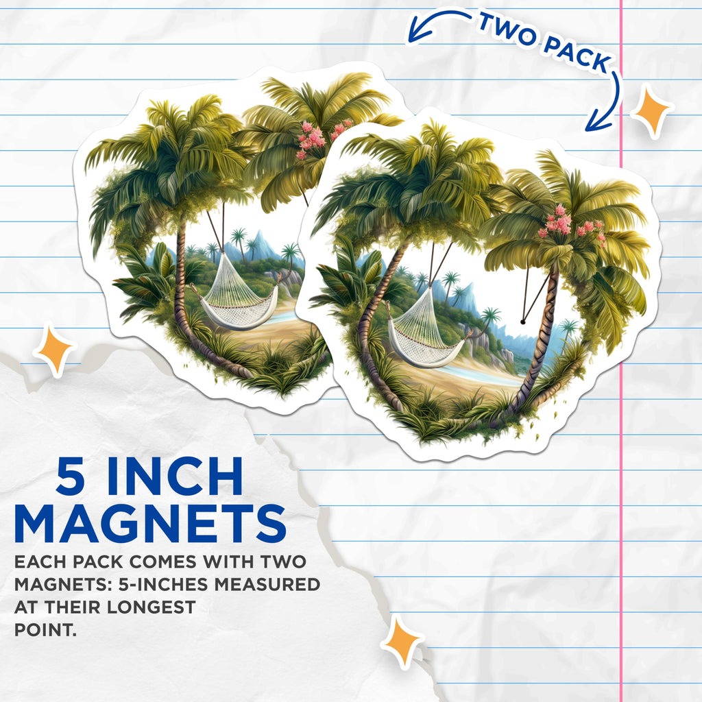 (2 Pack) Tropical Beach Magnets - Palm Tree Hammock Decor - Island Escape Refrigerator Art - Ocean Breeze Heart Scene - 5 Inches On Longest Side - Thick Durable Magnet - Made in USA - MAG19961