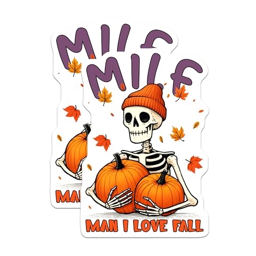 (2 Pack) Man I Love Fall Stickers - Funny Skeleton Autumn Decor - Pumpkin Lover Sticker Pack - 5" On Longest Side - Sticks to Smooth Flat Surfaces - Made in USA - BMCS9765