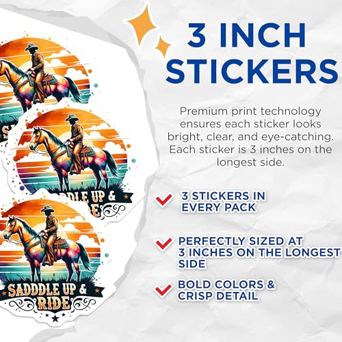 (3 Pack) Cowboy Horse Decals - Saddle Up Ride - Western Decals- 3 Inches On Longest Side - Easy Peel & Apply - Made in USA - 3MCS5662