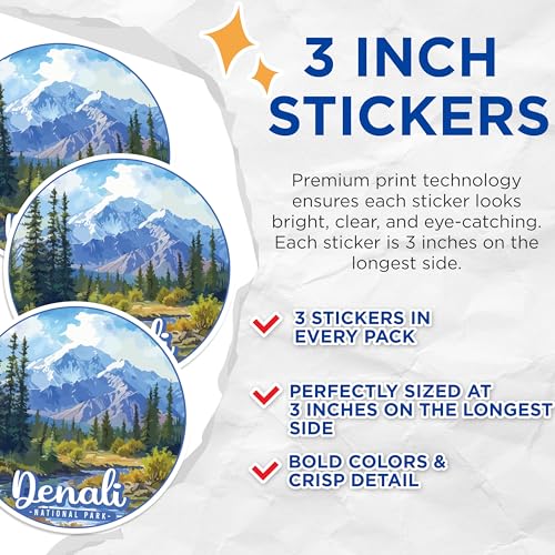 (3 Pack) Denali Decals - National Park Sticker - Alaska Laptop Decals - 3 Inches On Longest Side - Easy Peel & Apply - Made in USA - 3MCS0510