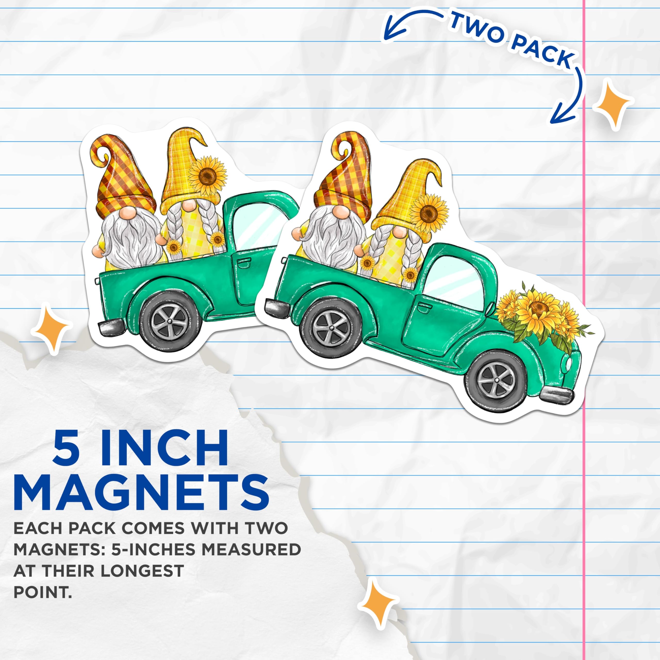 (2 Pack) Gnome Truck Magnets - Sunflower Decor - Fall Home Accessories - 5" On Longest Side - Premium Magnet - for Cars, Refrigerators, Toolboxes, Lockers - Made in USA - MAG14566