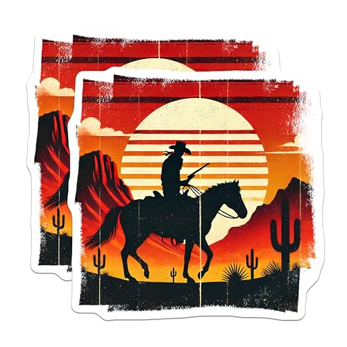 (2 Pack) Retro Cowboy Sunset Stickers - Western Desert Scene - Vintage Wild West Decal - 5" On Longest Side - Sticks to Smooth Flat Surfaces - Made in USA - BMCS5811