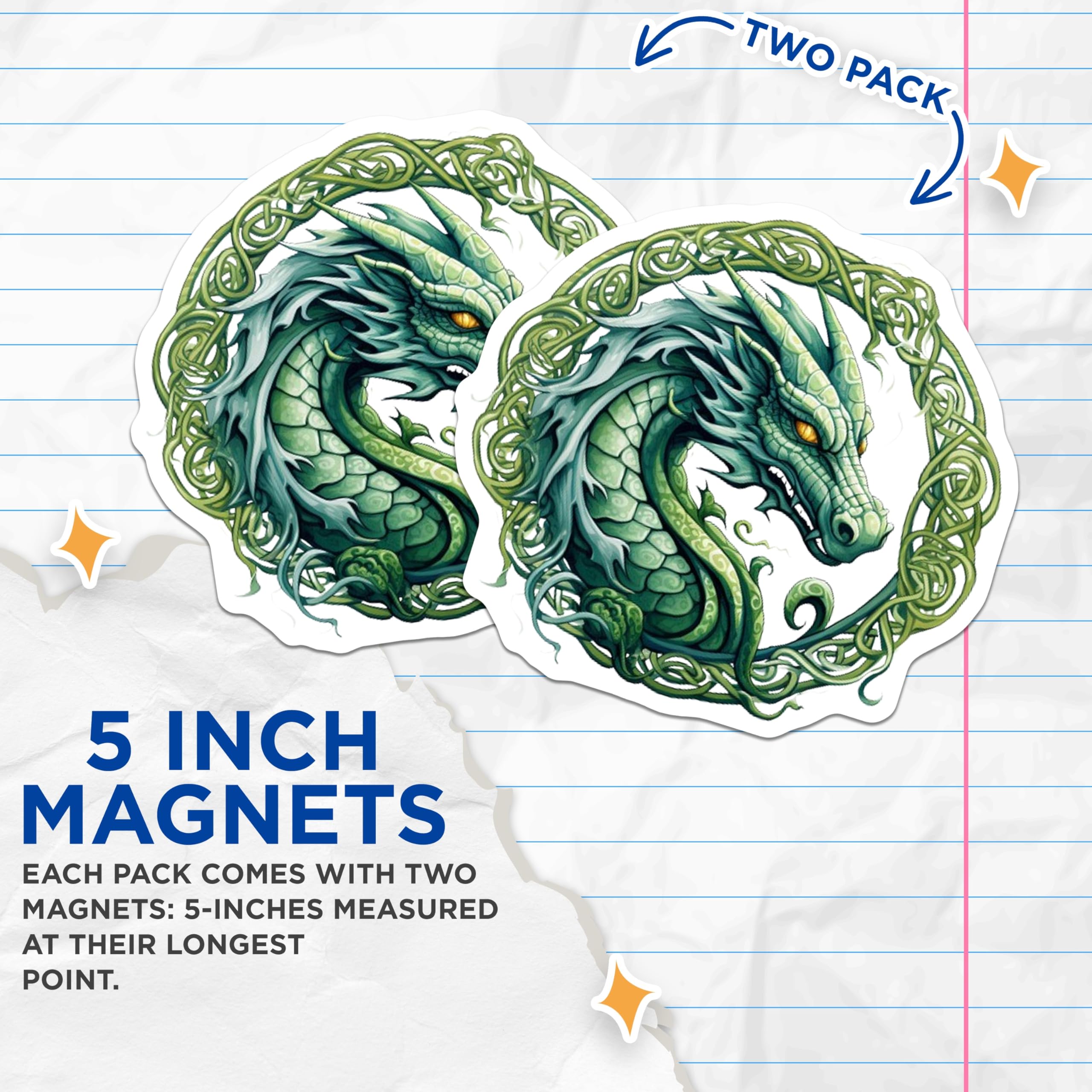 (2 Pack) Green Celtic Dragon Magnets - Fantasy Dragon Art - Mythical Creature Decor - 5 Inches On Longest Side - Thick Durable Magnet - Made in USA - MAG26370