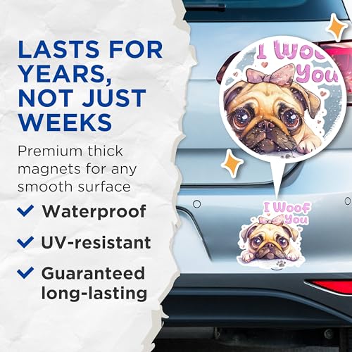 (2 Packs) I Woof You Pug Magnets - Cute Pug Dog Breed Magnets - 5 Inches On Longest Side - Premium Magnet - for Fridges, Toolboxes, Cars - Made in USA - MAG2346