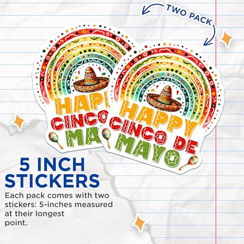 (2 Pack) Happy Cinco de Mayo Stickers - Fiesta Decoration - Mexican Party Decor - 5" On Longest Side - Sticks to Smooth Flat Surfaces - Made in USA - BMCS8223